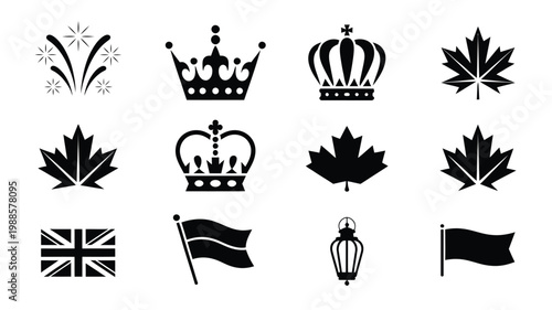 Black and white vector icons of crowns maple leaves flags and symbols in minimalist style