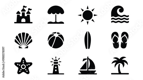 Minimalist black and white icons symbolizing beach and summer themes including sandcastle umbrella sun waves seashell beach ball flip flops starfish lighthouse sailboat and palm