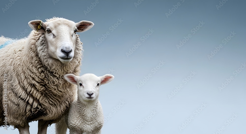 Fototapeta premium Two high-quality sheep for sacrifice on the Islamic holiday of Eid al-Adha. Side view portrait with soft lighting and minimalist blue background, suitable for religious banners and web banners