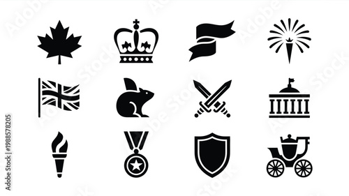 Black and white vector icons of symbols featuring a maple leaf crown flag rabbit medal shield torch swords banner fireworks carriage and building facade in a clean and minimalist
