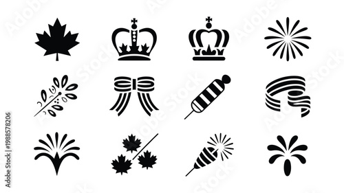 Black and white vector illustrations featuring maple leaves crowns ribbons and geometric shapes in a minimalist style