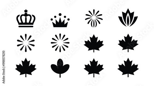 Black and white vector symbols featuring crowns bursts and maple leaves in a clean minimalist design