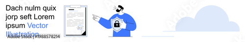 Data protection, cybersecurity, user privacy, secure information, digital safety, risk management. Person pointing to a shield and locked file. Data protection and cybersecurity concept