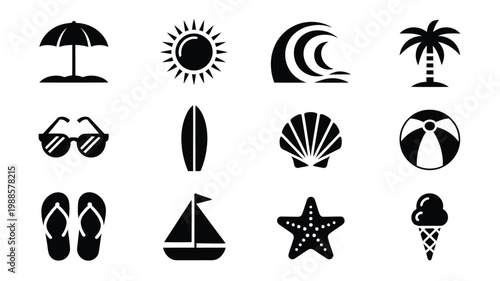 Black and white vector icons showcasing summer beach essentials including sunglasses sun palm tree beach ball and more