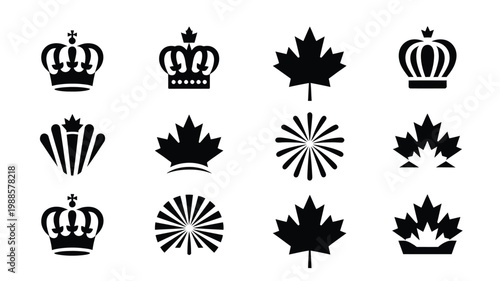 Black and white vector illustration bundle featuring royal crowns and stylized maple leaf designs in clean minimalist style