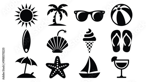 Summer vacation symbols with sun beach ball sunglasses palm tree ice cream and flip flops in black and white vector style