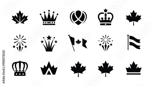 Collection of minimalist logo silhouettes featuring crowns maple leaves flags and symbols in a clean monochromatic design style