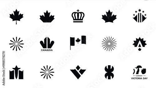 Black and white vector icons of maple leaves crowns flags fireworks and symbols celebrating a national holiday