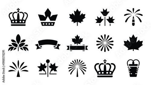 Black and white vector icons featuring crowns maple leaves fireworks and ribbons in a minimalist style for design projects