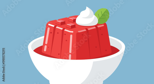 Delicious Red Jelly Dessert with Whipped Cream and Mint Leaf