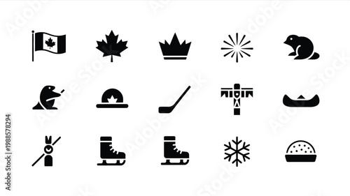 Black and white vector icons representing canadian culture including symbols of nature sports and national identity in a minimalist design