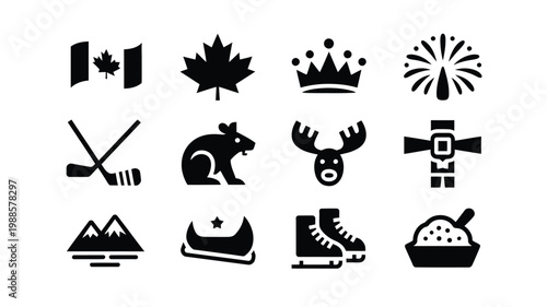 Professional vector logo bundle featuring canadian symbols like a maple leaf flag beaver and moose with icons for sports wildlife and culture