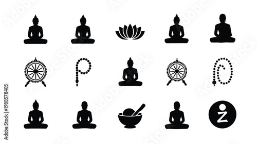 Minimalist black icons of buddha statues lotus meditation poses spiritual symbols prayer beads and zen elements