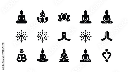 Black and white vector illustration of 12 buddhist symbols including buddha statues dharma wheels meditating figures and lotus flowers