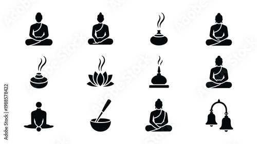 Twelve minimalist buddhist icons illustrating meditation lotus flowers and serene spiritual symbols in black and white design