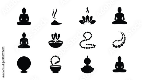 Black silhouettes of buddha statues lotus flowers beads and meditation symbols in minimalist style on white background