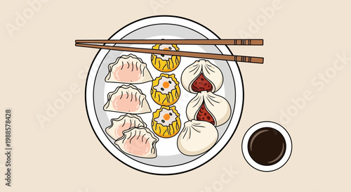 Assorted Dim Sum Platter with Chopsticks and Soy Sauce - Top View Illustration