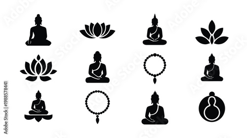 Minimalist vector set featuring buddha figures lotus flowers and prayer beads in monochromatic black and white design