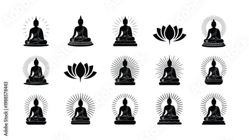 Serene black and white vector illustrations of buddha statues and lotus flowers in meditative poses with radiant auras