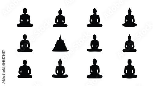 Silhouettes of buddha statues in meditation pose arranged in grid with pagoda symbol in minimalist vector style