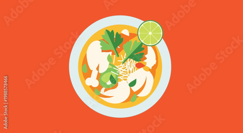 Chicken Noodle Soup Bowl with Lime and Parsley, Flat Design