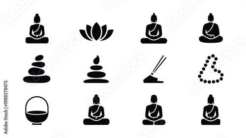 Vector icons depicting meditation yoga and spirituality including buddha statues lotus flowers and incense sticks