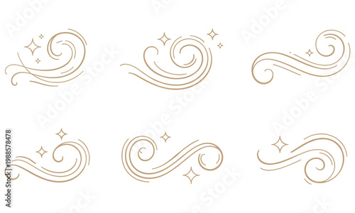 Set of sophisticated gold swirl and star sparkle decorative graphics for luxury beauty and wedding stationery design projects on white