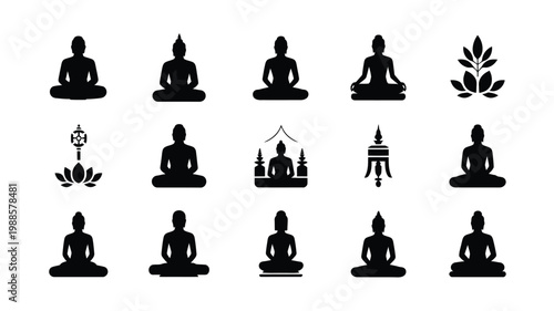 Silhouettes of meditating buddha figures in various poses including lotus position with symbols and minimalist designs isolated on white background