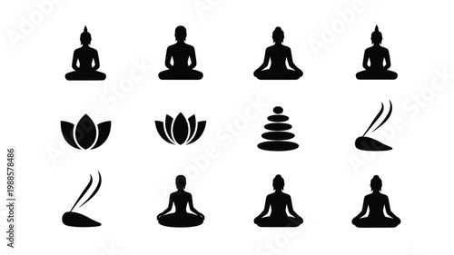 Minimalist black vector illustration of buddha statues in meditation poses with lotus flowers stacked stones and incense
