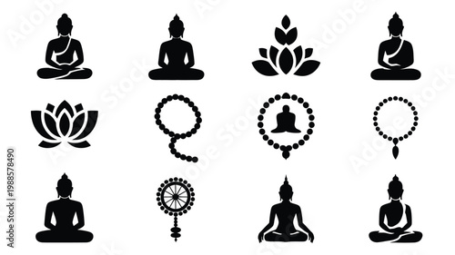 Minimalist black and white icons featuring buddha statues in meditation lotus flowers prayer beads and sacred symbols in a clean modern design style