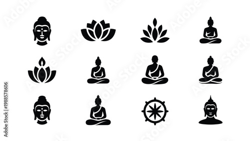 Minimalist buddha and zen symbols collection with meditative icons in black and white including lotus flowers buddha statues and spiritual elements