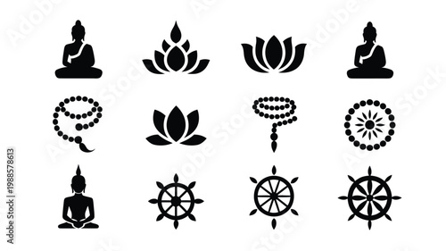Minimalist black and white silhouette icons of buddha lotus prayer beads and dharmachakra wheels for spiritual and meditative designs