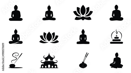 Black vector icons of buddha lotus pagoda incense and meditation symbols in minimalist style for spirituality and wellness
