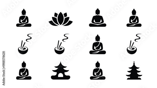 Minimalist vector icons showcasing meditating buddha statues lotus flowers incense sticks and bonsai trees in black silhouettes