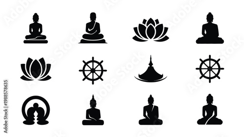 Serene vector illustration showcasing buddhist symbols including buddha statues in meditative poses lotus flowers dharma wheels and spiritual icons arranged in a clean minimalist