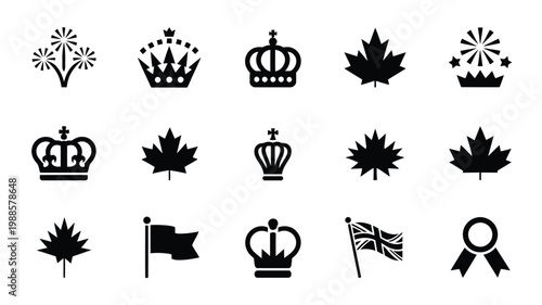 Black and white vector symbols featuring crowns maple leaves flags and ribbons in minimalist design