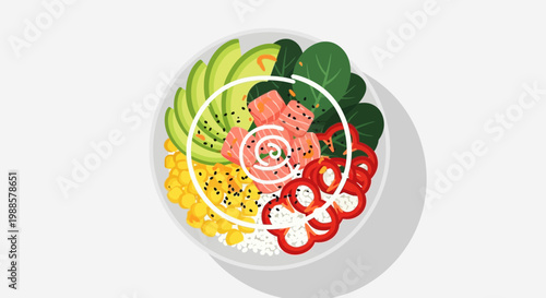 Colorful Poke Bowl with Salmon, Avocado, Corn, Rice and Peppers - Top View