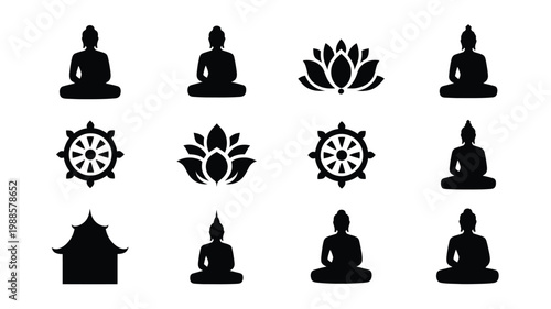 Black minimalist vector icons featuring buddha statues lotus flowers dharma wheels and temple symbols