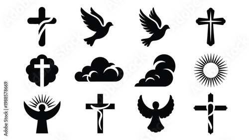 Black and white vector icons featuring crosses doves clouds sunburst and angel wings in clean minimalist style