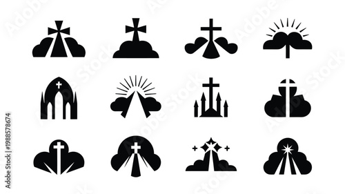 Black and white vector icons featuring religious symbols crosses and spiritual elements in minimalist style