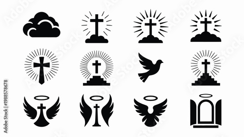 Minimalist black and white religious icons collection featuring crosses angels doves and arches isolated on a clean background