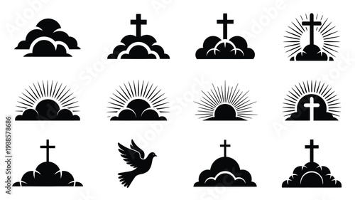 Minimalist black and white vector icons of crosses hills birds and sunbursts in silhouette style for spiritual and religious themes