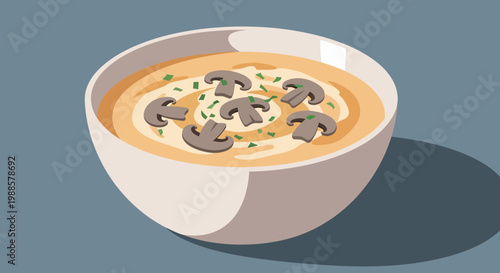 Creamy Mushroom Soup Bowl with Chives and Sliced Mushrooms