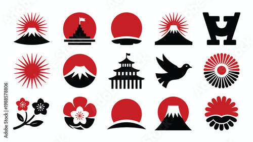 Minimalist japanese symbols with traditional elements featuring mountains pagodas and flowers in red black and white