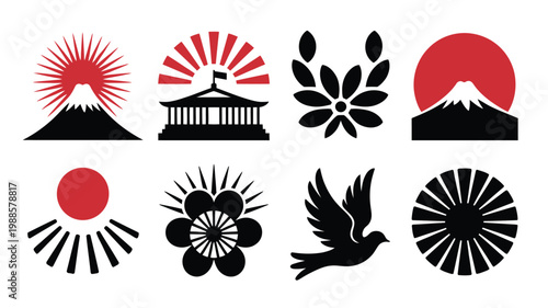 Japanese inspired silhouette logos featuring sunburst mountain temple leaves bird and floral designs in red and black