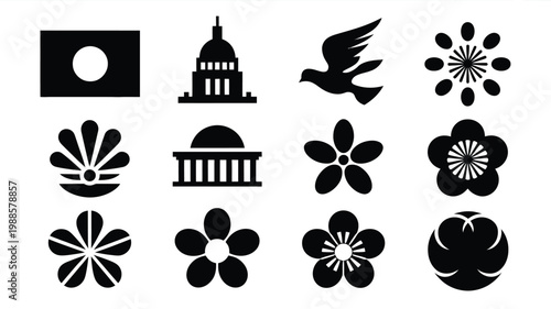 Black and white vector illustration featuring 12 distinct minimalist symbols including abstract shapes floral patterns and architectural icons