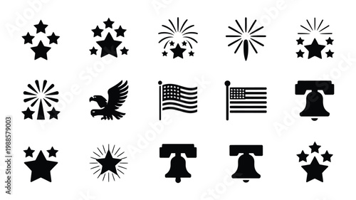 Black and white vector icons of stars fireworks eagle flags liberty bell and patriotic symbols arranged in clean design