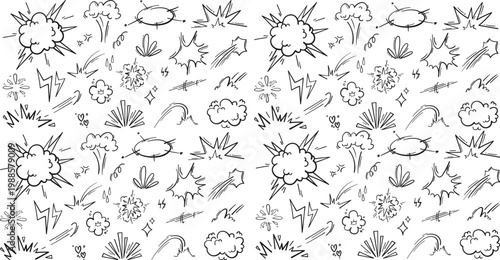 Doodle background with various comic elements. hand-drawn speech bubbles, explosions, and other graphic designs