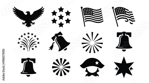 Patriotic symbols of america including eagle flag stars fireworks liberty bell and hat with star