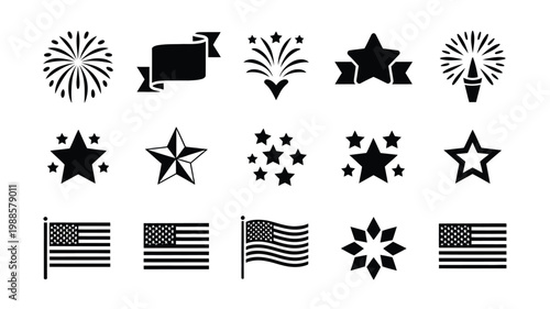 Black and white vector illustration bundle featuring fireworks stars and american flags in bold minimalist style